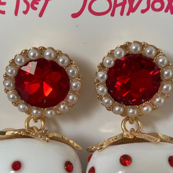 Betsey Johnson White Strawberry Earrings with Red Jewels and Faux Pearls - Picture 3 of 11